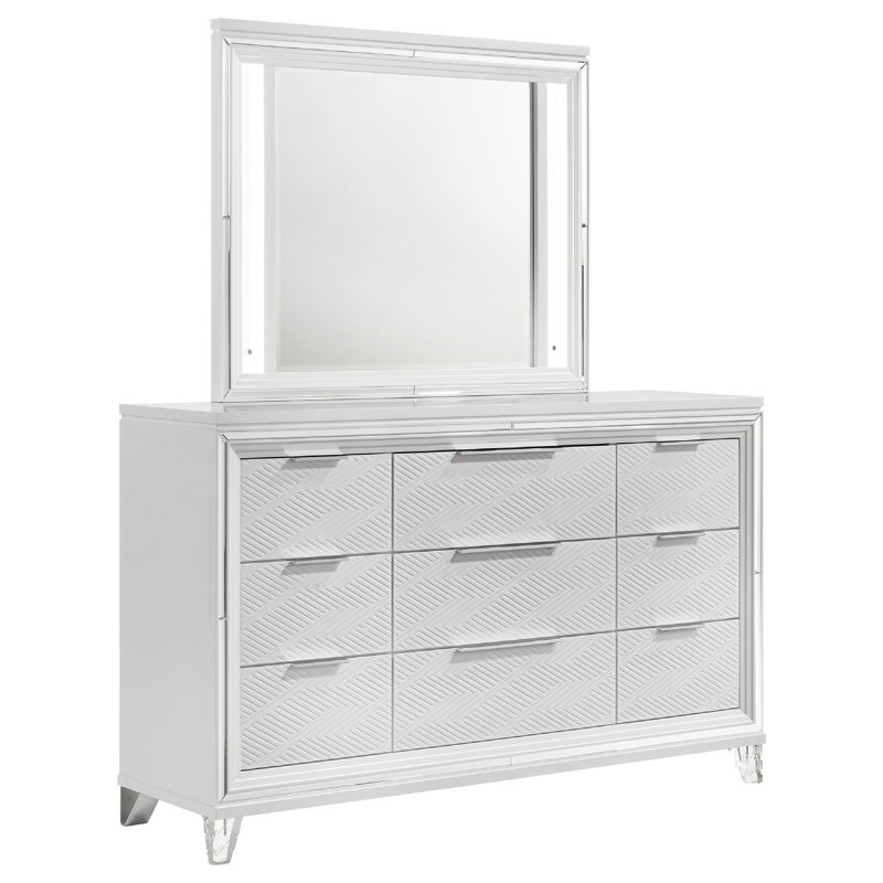 Mory Wide Dresser With LED Mirror, Touch Light, 9 Drawers, White Wood