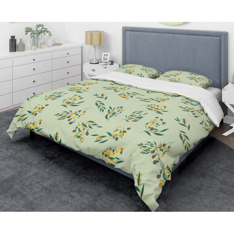 Ensemble de housse de couette à mid-century brillante eucalyptus floral iii, Housse simple + 1 taie décorative