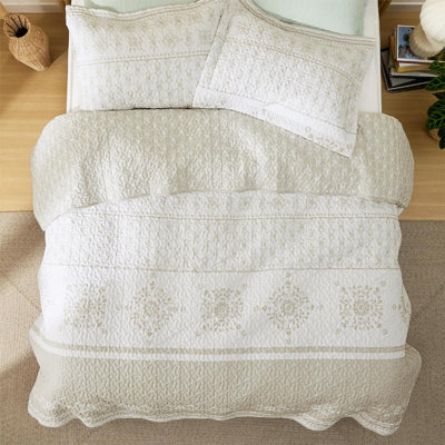 Ensemble de courtepointe patchwork grand - ensemble de literie beige et gris, 3 pièces, couvre-lit léger, couvre-lit en microfibre à imprimé floral rétro et 2 taies décoratives pour toutes les saisons (90 po x 96 po)