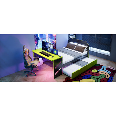 Full Size Wood Daybed With Twin Size Trundle,Desk And USB,Green