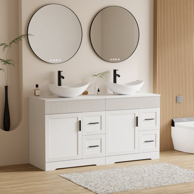 Ensemble de meuble-lavabo autoportant à double cuve 60 po avec plateau en bois manufacturé, lavabo vasque, robinet et drain Ghage, peint à la main résistant à l'eau