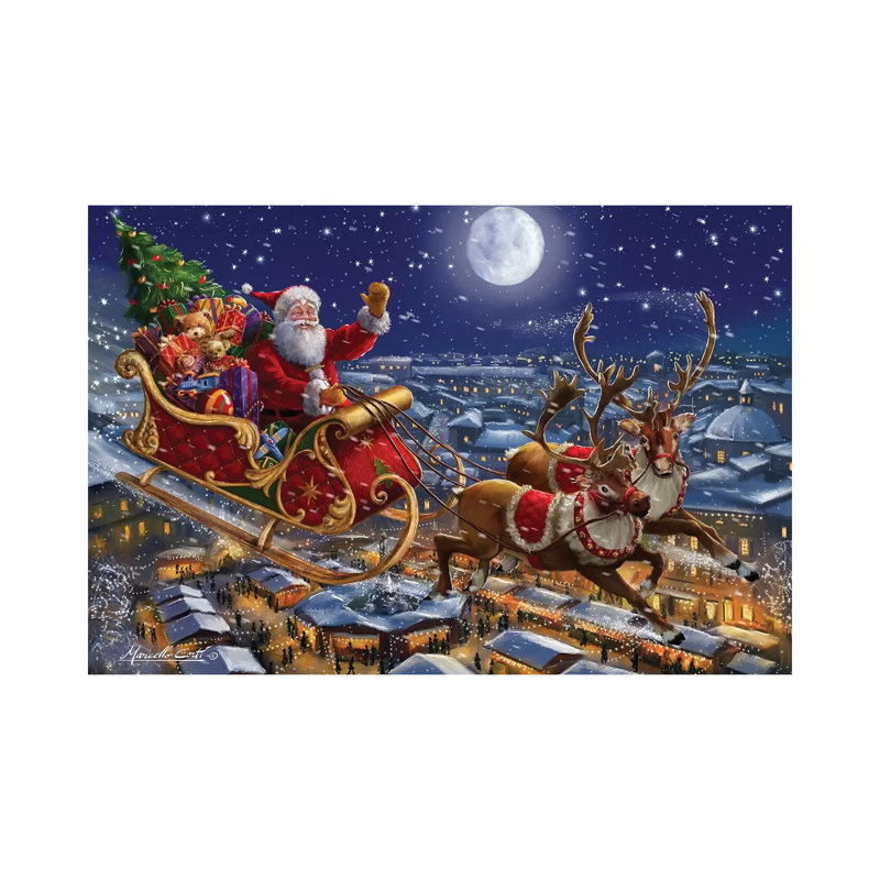 Père Noël traîneau et renne dans le ciel - impression sur toile tendue, H 8 po x l 12 po x P 0,75 po