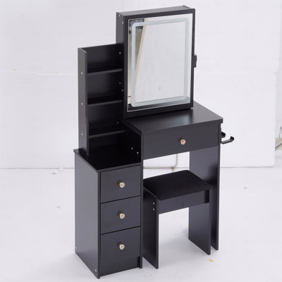 29.2" Small Size Left Bedside Cabinet Vanity Table + Cushioned Stool, 2 Ac+2 Usb Power Station, Hair Dryer Bracket, Extra Large Touch Control Sliding Led Mirror, Tri-Color Switching, Brightness Adjust