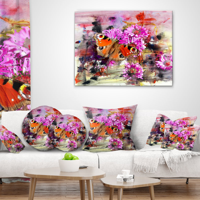 Fleurs roses et papillons mignons - coussin à imprimé floral, 18 po x 18 po, Coussin décoratif