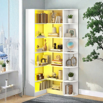 L-Shaped Corner Bookshelf With LED Light, 6 Tier Storage Display Rack