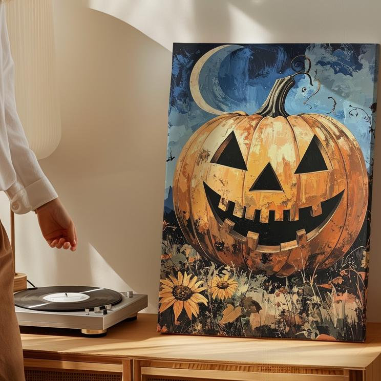 «Grinning Jack O Lantern», impression d'art populaire sur toile d'Halloween rustique, prêt à accrocher, H 12 po x l 9 po