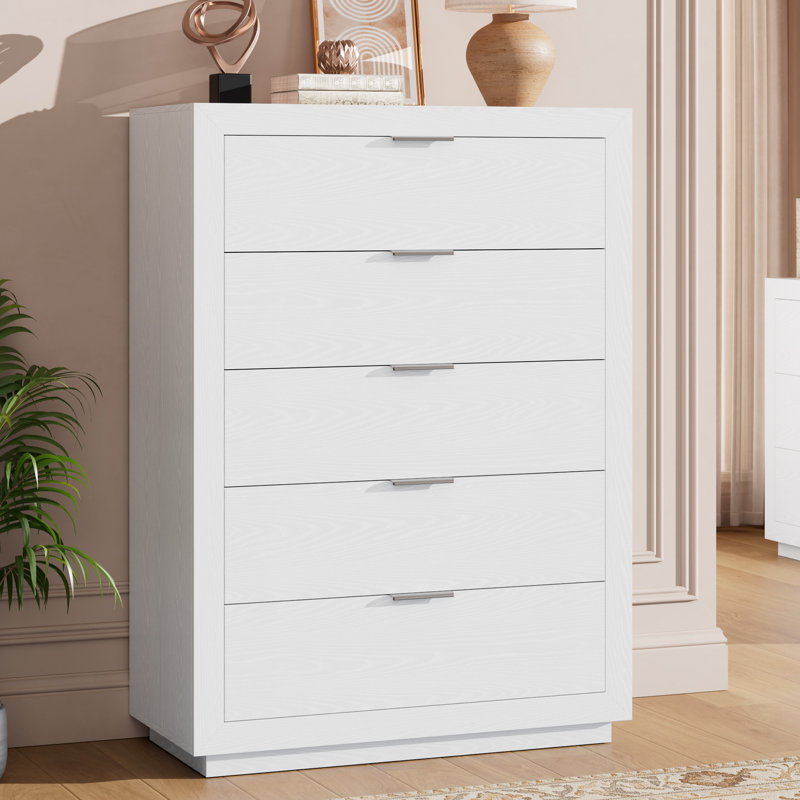 Commode 5 tiroirs, commode, armoire de rangement moderne avec tablette ouverte, Blanc