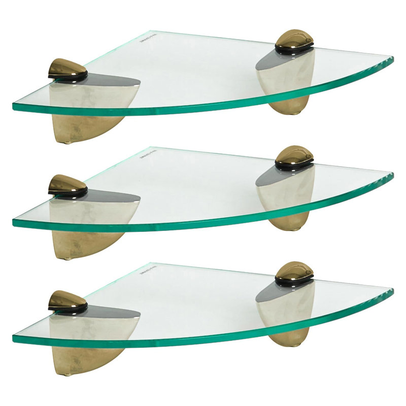 Harbour Housewares - Floating Glass Corner Shelves with Metallic Brackets - Set of 3, 20 H x 20 W x 0.5 D cm, Gold