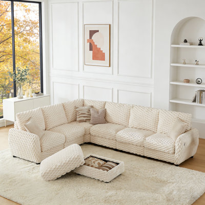 Nicollette Large L Shaped Modular Bubble Corduroy Sectional Couch with Storage Ottoman