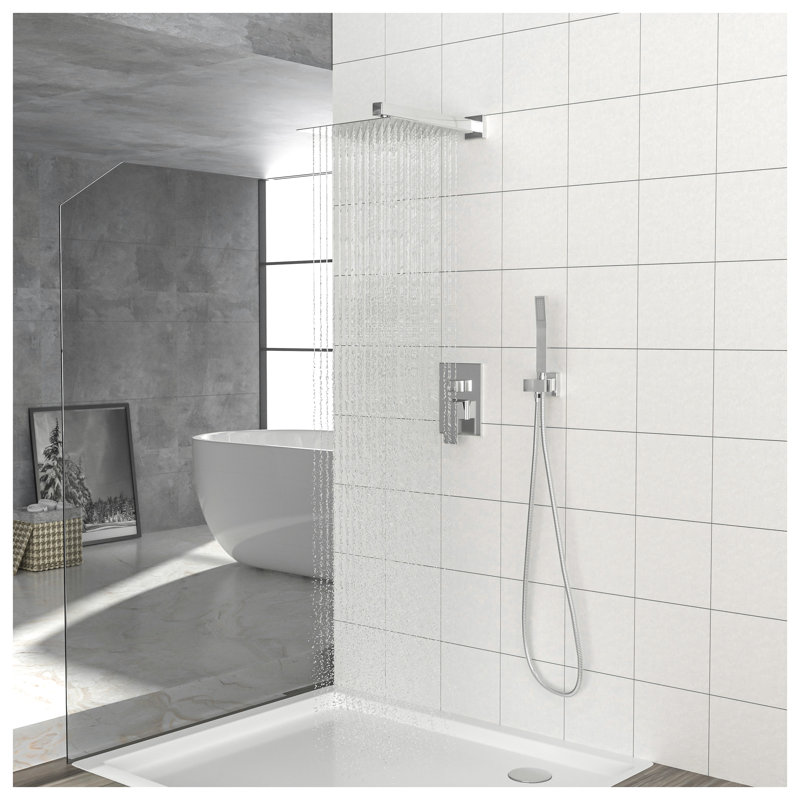 Système de douche à pluie carré 12 po avec soupape brute à pression équilibrée et deux têtes de douche, finition chromée