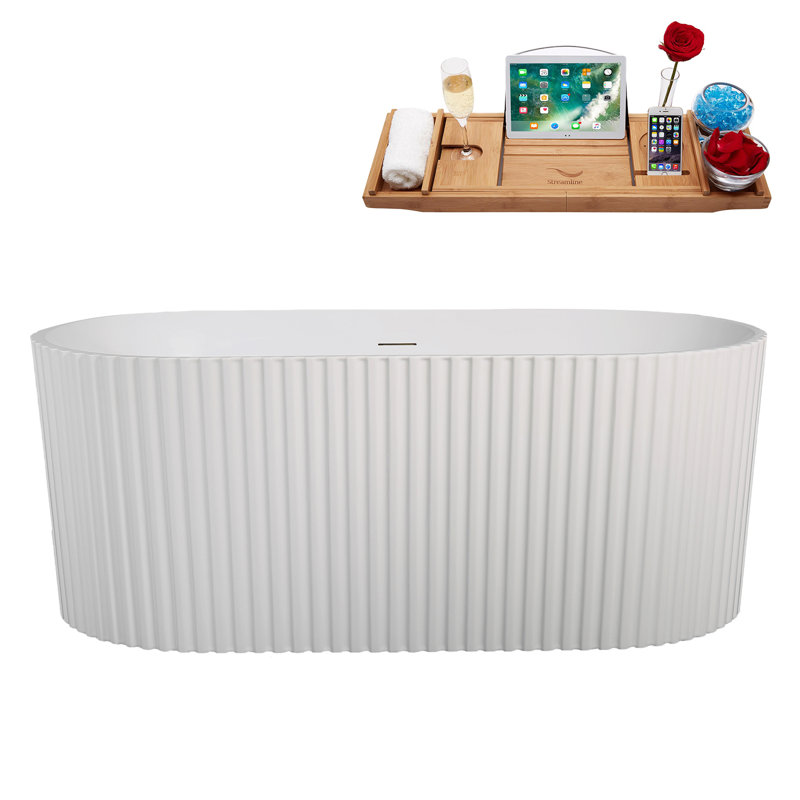 59" Streamline Soaking Freestanding Tub and Tray With Internal Drain, Polished Gold
