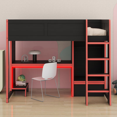 Lit mezzanine en bois avec bureau, garde-robe, DEL et tiroir