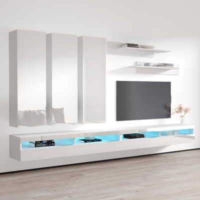 126" Modern Floating Wall Mounted Entertainment Center with 16-Color LED Lighting, High Gloss Finish