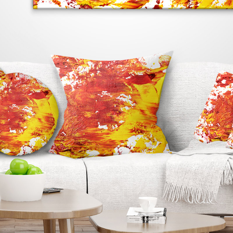 Art texturé rouge et jaune - coussin imprimé abstrait, 16 po x 1 po, Coussin décoratif