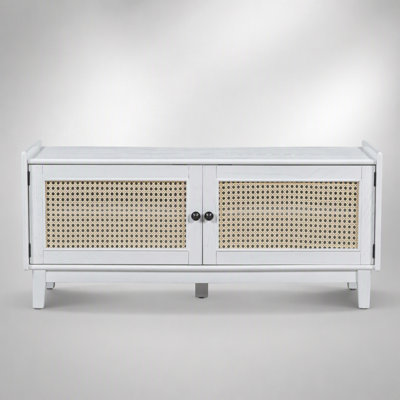 Boho Rattan Entryway Bench with Storage, Cushioned Shoe Organizer for Hallway and Entryway (White+Beige)