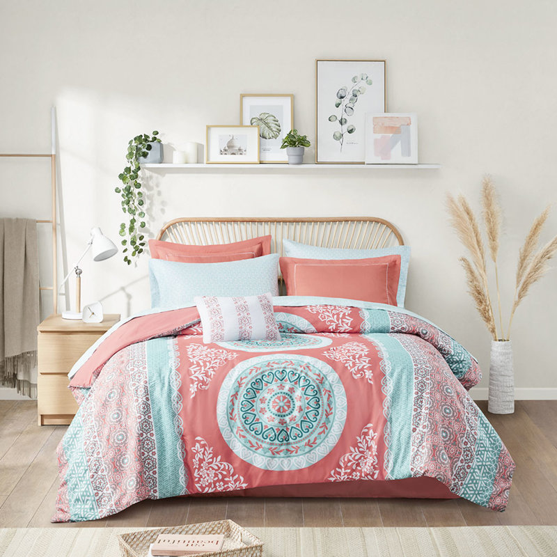 Ensemble de literie Twin XL avec couette - Imprimé médaillon corail, rembourrage, imprimé corail, microfibre douce, bordure brodée, drap-housse