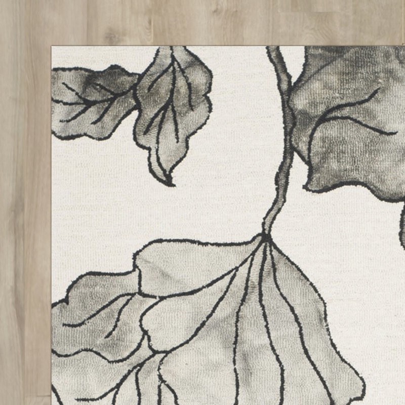 Tapis floral en laine et en coton touffeté à la main de couleur ivoire / gris clair Coleman, Rond 7 pi