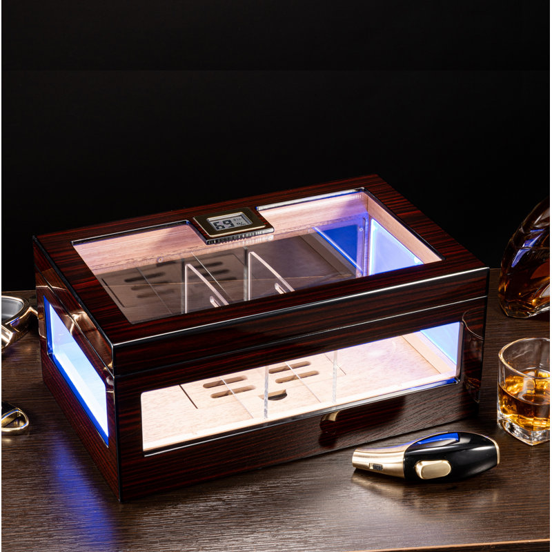 Humidificateur à cigares à DEL pour 100 à 120 cigares avec 5 options d'éclairage, hygromètre numérique et humidificateur, séparateurs en acrylique