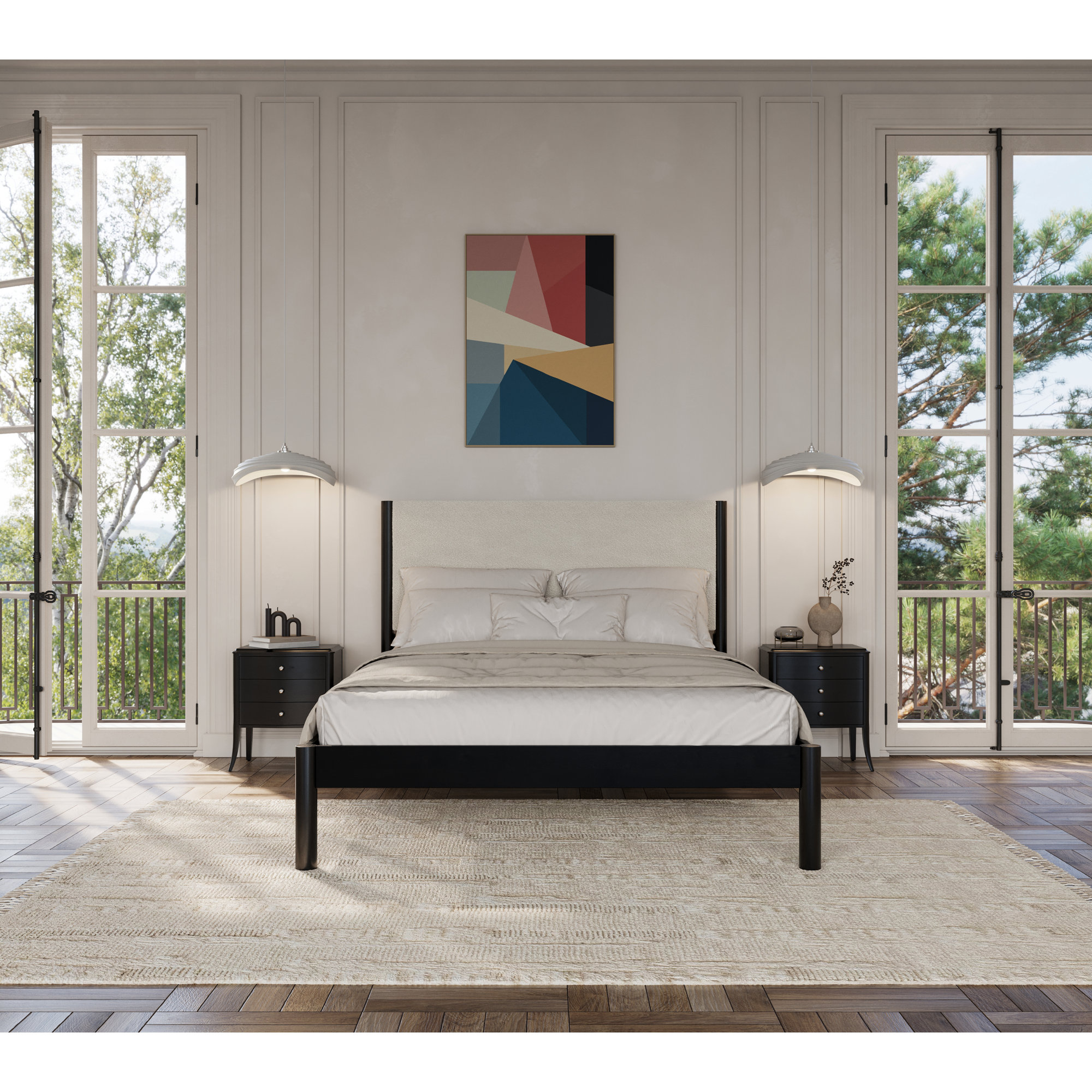 Ardin Solid Wood Bed Frame With Cream Boucle Upholstered Headboard, Full, Black