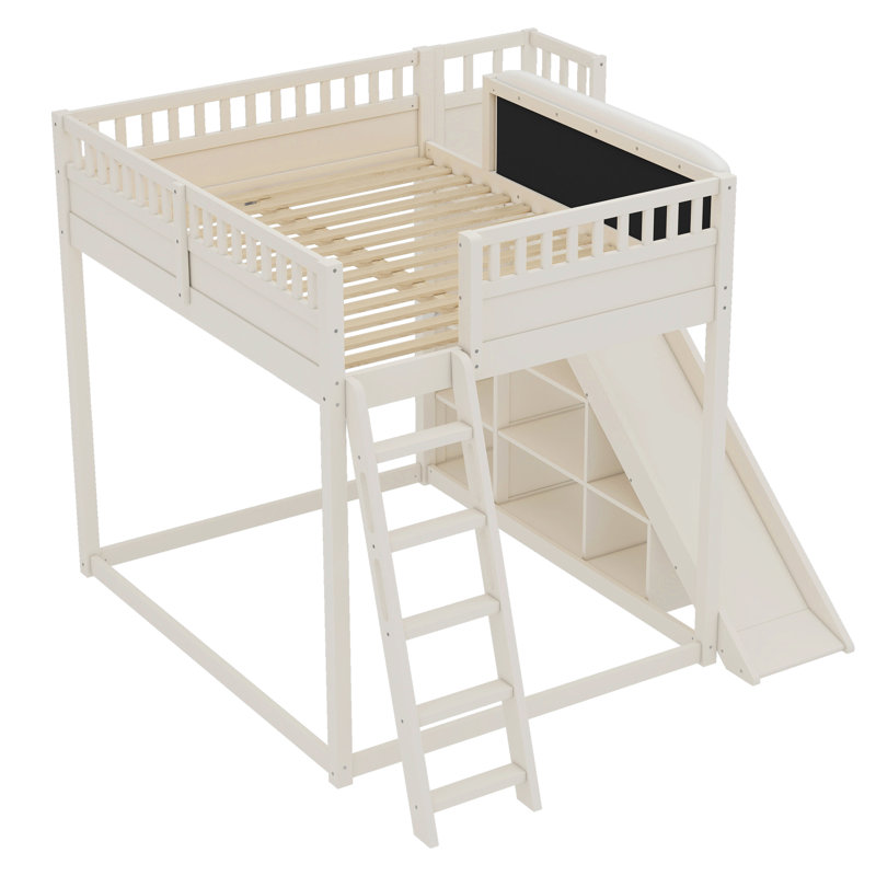 Lit mezzanine double avec échelle, glissade et tablettes de rangement - pour enfants, structure en bois de pin robuste, beige