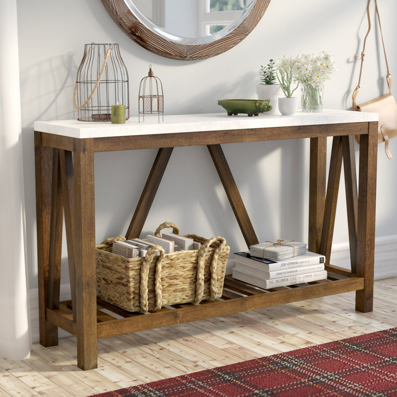 Rakira Modern Farmhouse Console Table, White Marble/Walnut
