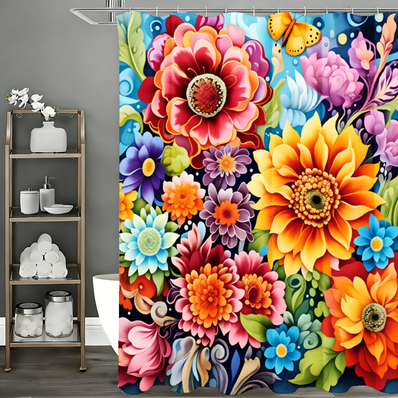 Rideaux de douche avec crochets inclus, Rouge / orange motif floral