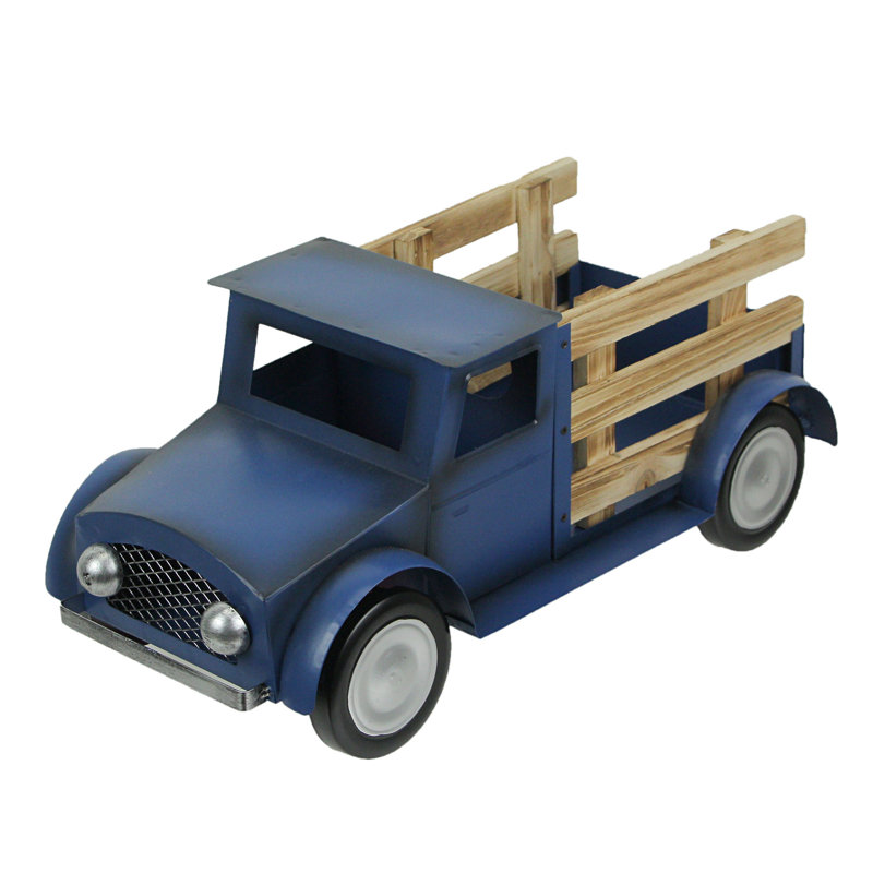 Support à plante de camion rustique en métal et bois rustique 15,5 pouces de long - bleu