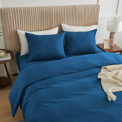 Linen Cotton Duvet Cover Set with Hidden Zipper Closure(Full, Navy)