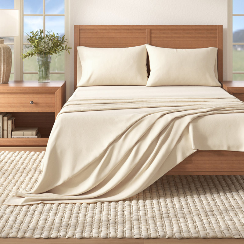 Ensemble de draps 100% flanelle de coton, Uni ‑ ivoire immaculé, Très grand californien avec deux taies d'oreiller