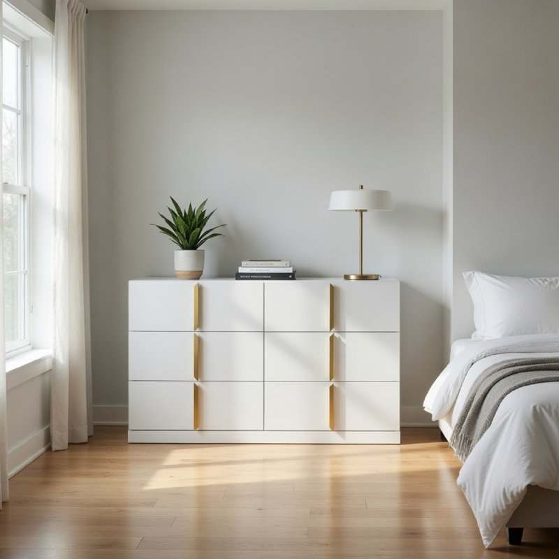Commode large Orion avec 6 tiroirs, poignées dorées, bois blanc brillant