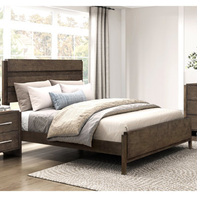 Lit très grand contemporain de couleur noyer foncé, bois d'hévéa massif et contreplaqué, avec tête de lit et rails pour finition de chambre à coucher en bois d'hévéa, Haven