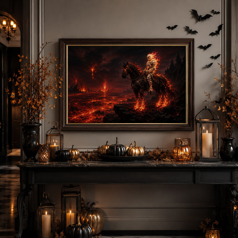 Cavalier squelette enflammé sur un cheval noir dans une toile murale volcanique pour l'Halloween, H 12 po x l 18 po