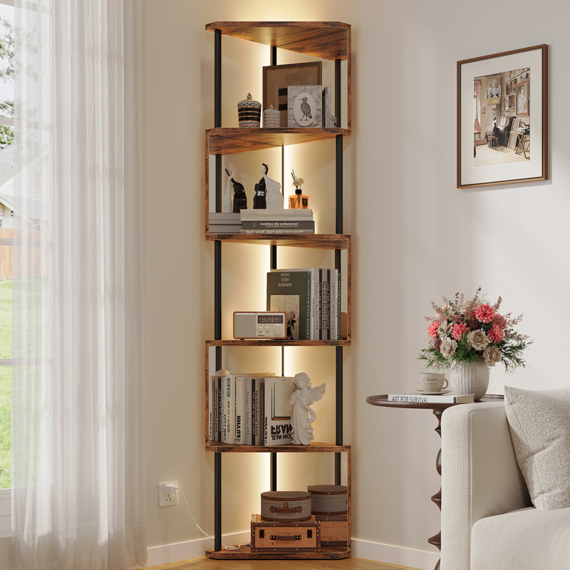 6-Tier Industrial Corner Bookshelf With LED Lights & Mirror Shelves For Living Room, Bedroom, Brown