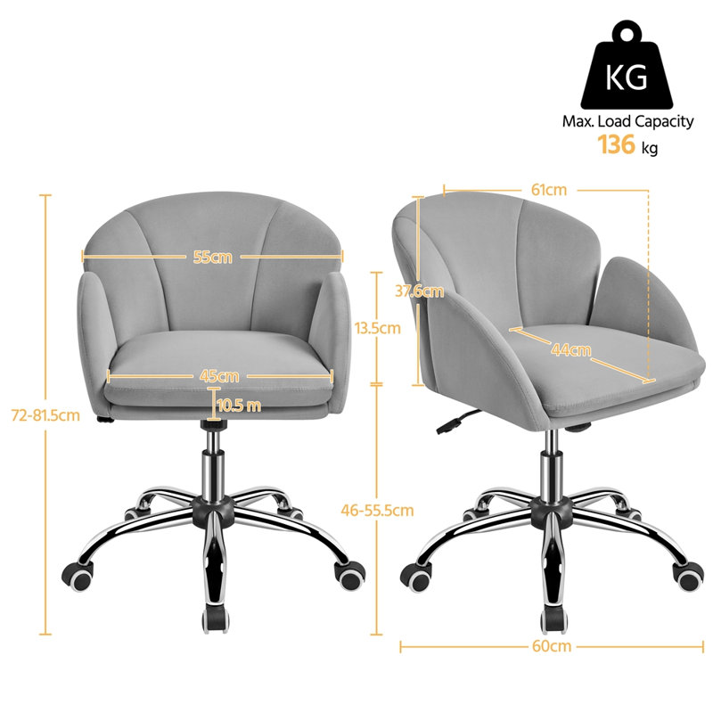 Desk Chair With Petal-shaped Backrest, Light Grey Velvet