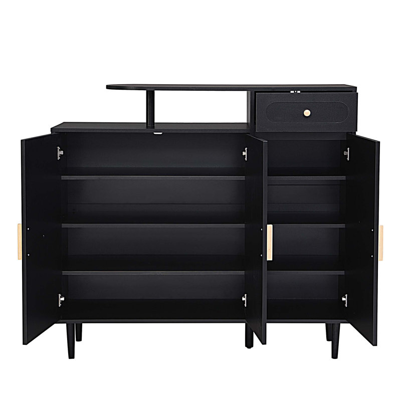 Range-chaussures avec portes arquées et tiroir, buffet de rangement avec tablettes réglables et pieds en bois massif, Noir