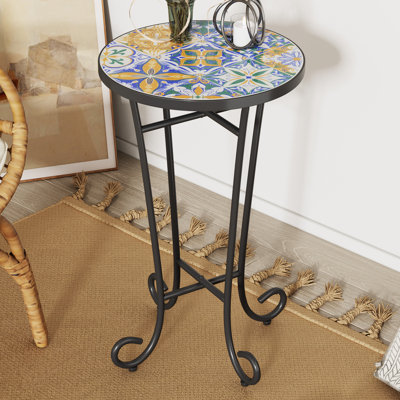  Table d'appoint d'extérieur mosaïque avec plateau en céramique et pieds courbés