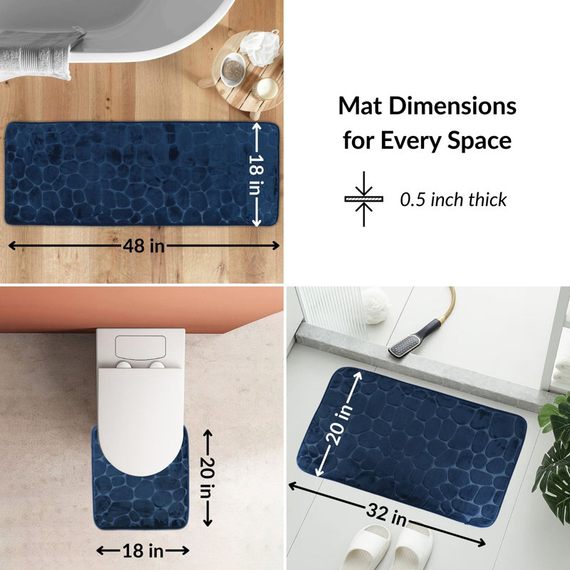 Memory Foam Bathroom Rugs Set 3 Piece Pebble Stone, Blue