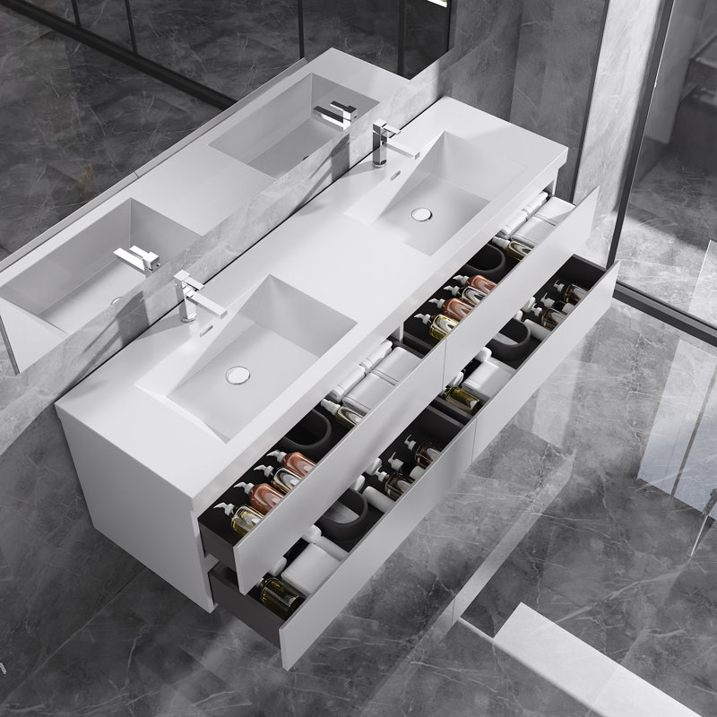 Dhruven 72 Inch Fully Assembled Double Floating Bathroom Vanity With Solid Surface Sink, Gloss White