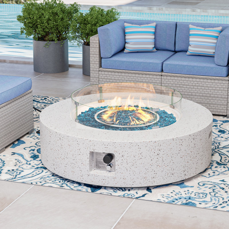Outdoor Concrete Propane Fire Pit Table, Gray/Blue Fire Glass