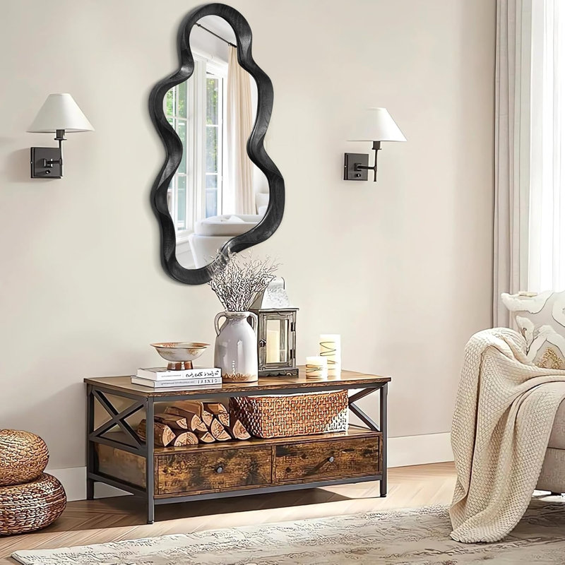 Miroir asymétrique noir, miroir mural ondulé avec cadre en bois irrégulier | Miroir nuage mignon et élégant pour coiffeuse, salle de bain, salon, chambre, entrée, couloir, grand format