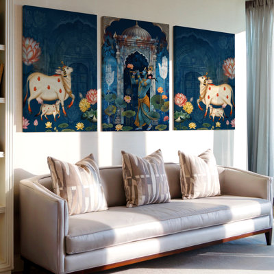 3 Pieces Traditional Indian Themed Large Wall Art with Cows, Three Pieces Wall Art for Living Room, Bedroom, Office, and Home Decor, Ready to Hang