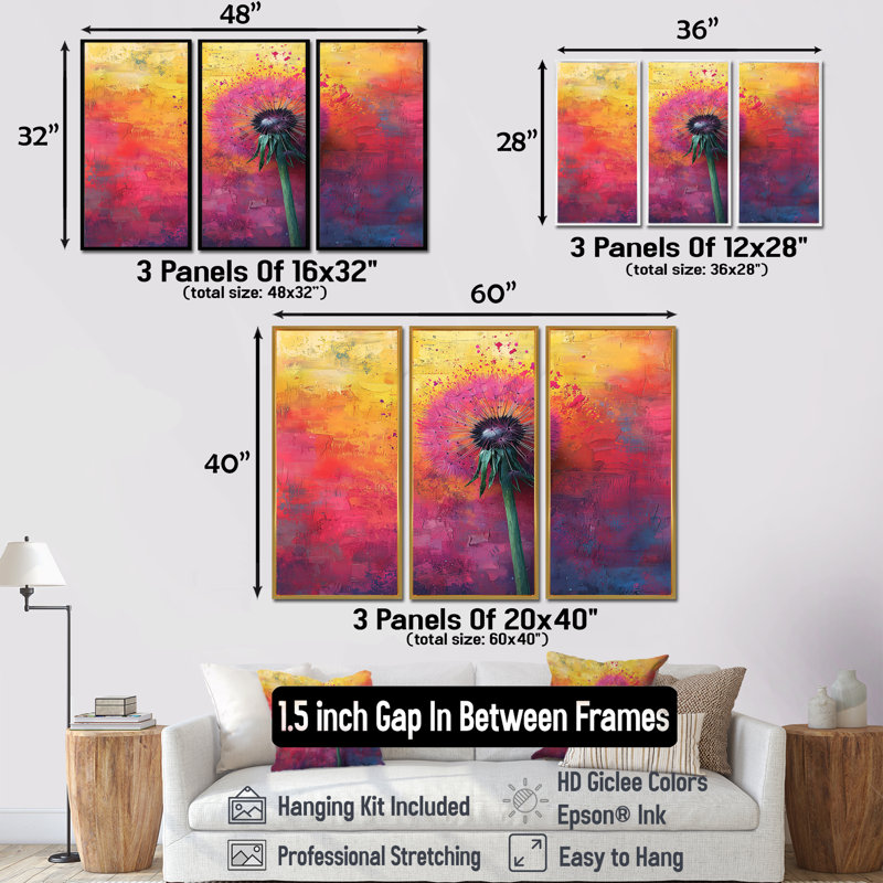 Éclat de pissenlit néon en néon lumineux Pop Art I - décoration murale pissenlit - ensemble de 3, H 32 po x l 48 po, Blanc