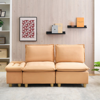 74-Inch Fashionable And Minimalist Double-Seater Pumpkin-Colored Flannel Sofa With Cup Holders, An Adjustable Backrest And Storage Compartments Is Suitable For Living Rooms, Bedrooms And Balconies.