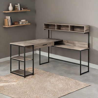 Bureau pour la maison, combinant des étagères, un meuble de rangement à trois compartiments et un tiroir de rangement avec tiroirs