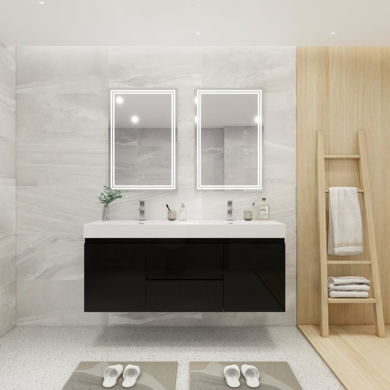 Ensemble de meuble-lavabo double mural 60 po Hartt, Noir très lustré