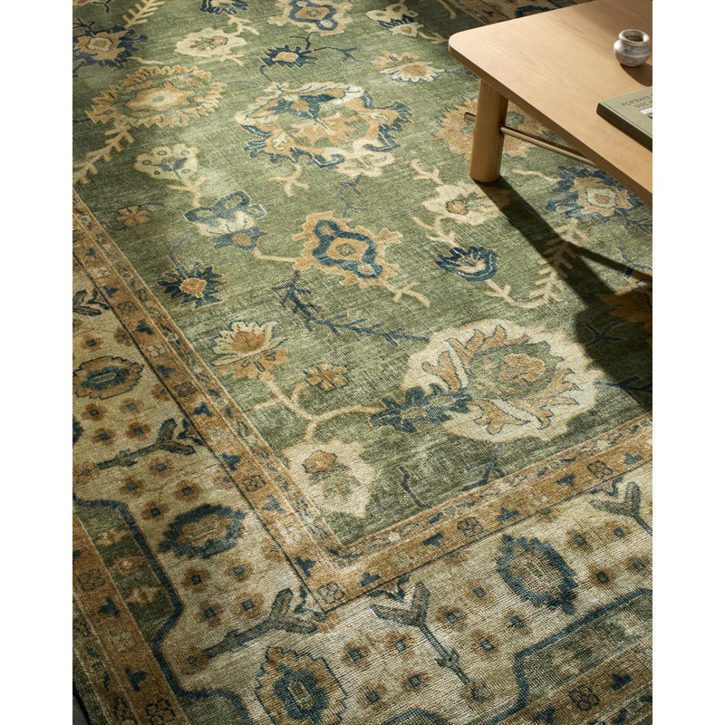 Hillcrest Hand Knotted Wool Ikat Area Rug in Green, Rectangle 12' x 15'
