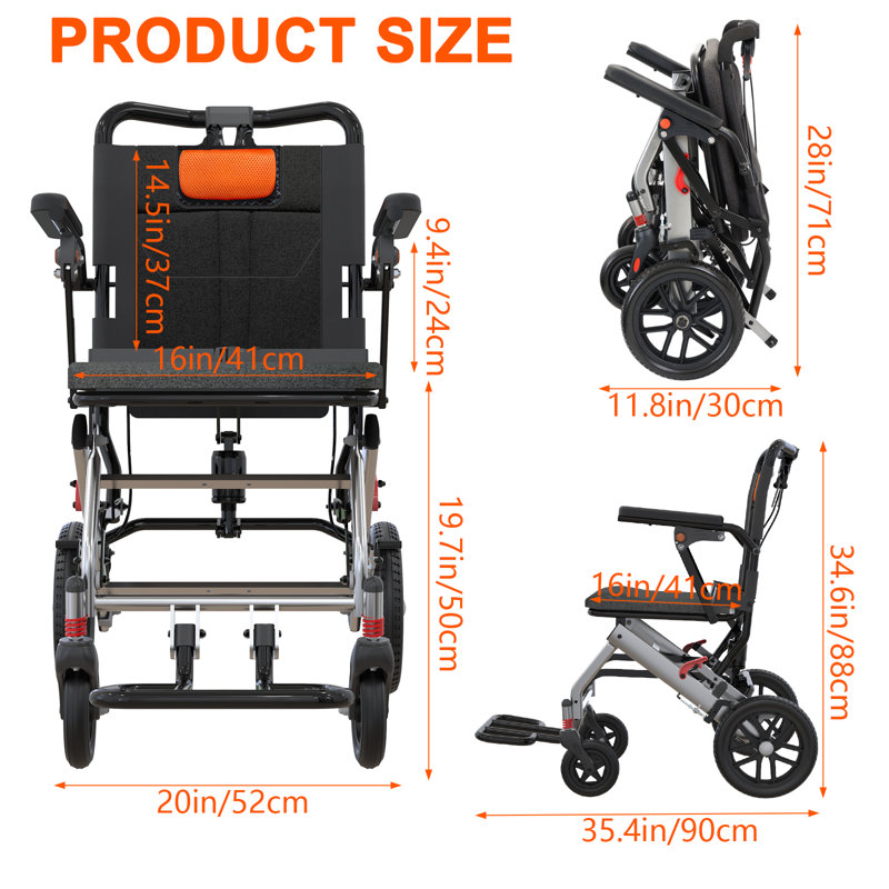 Fauteuil roulant léger et pliable, fauteuil roulant portable en aluminium avec freins à main verrouillables et accoudoirs rabattables pour les personnes âgées et les voyages