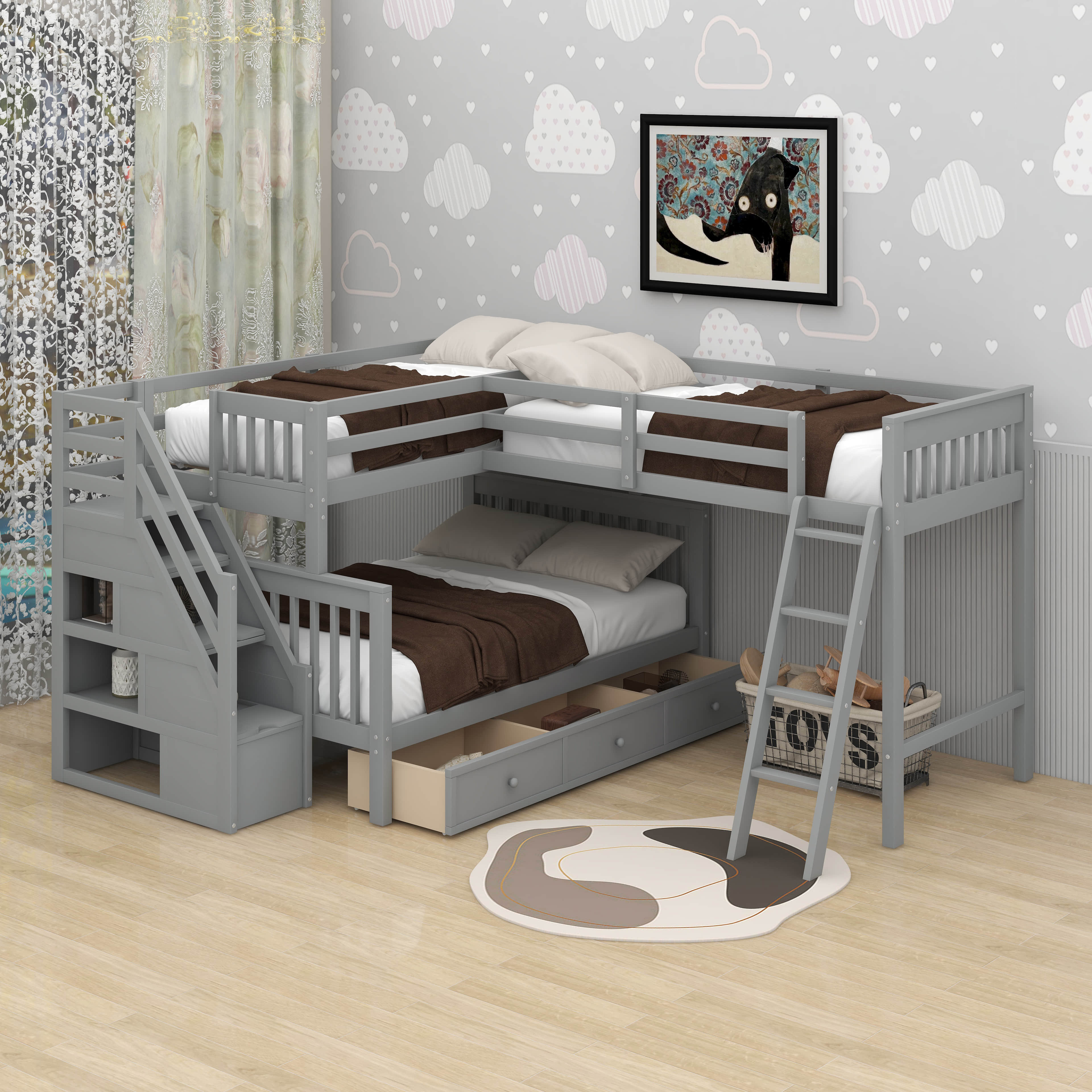 Harriet Bee Twin Over Full L-Shaped Bunk Bed With Drawers | Wayfair