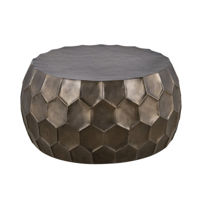 Modern Round Aluminum Coffee Table, 32" Dimensions, Gold - Colored Base, Hand Hammered Art, Spacious For Decorative Elements Material, Glossy Hexagonal Design,  Centerpiece Home Living