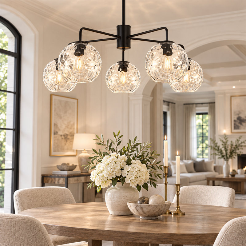 5-Light Chandelier, 35.5" Clear Hammered Globe Glass Pendant Light with Adjustable Downrod